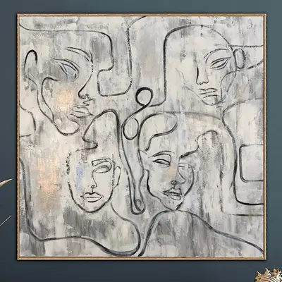 Abstract Faces Paintings On Canvas White Painting Acrylic Figurative Artwork 50x50 People Painting Minimalist Wall Art | FACE...