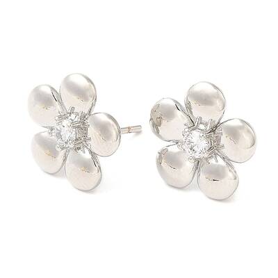 Brass Flower Stud Earrings with Clear Cubic Zirconia