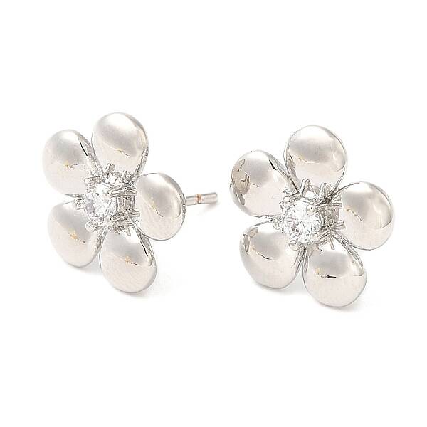 Brass Flower Stud Earrings with Clear Cubic Zirconia
