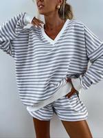 Women's Striped Print Drop Shoulder Tee & Elastic Waist Shorts Two-piece Set, Casual Fashion Cozy Breathable Two Piece Outfit...
