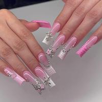 Colorblock Fake Nails, 24pcs Rhinestone Flower Decor Press on Nails & 1 Sheet Tape & 1 Nail File, Long Square Fake Nails Pink...