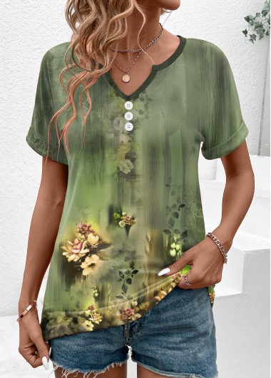 Modlily Sage Green Button Floral Print Short Sleeve T Shirt - XL