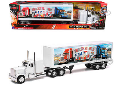 Peterbilt 379 Truck White with Dry Van Trailer \