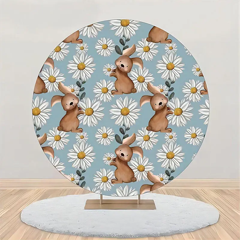 White Blue Floral Rabbits Round Birthday Backdrop - Aperturee