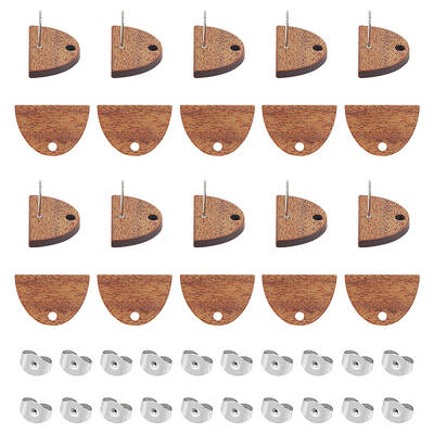 20 Pairs Walnut Wood Half Round Stud Earring Findings