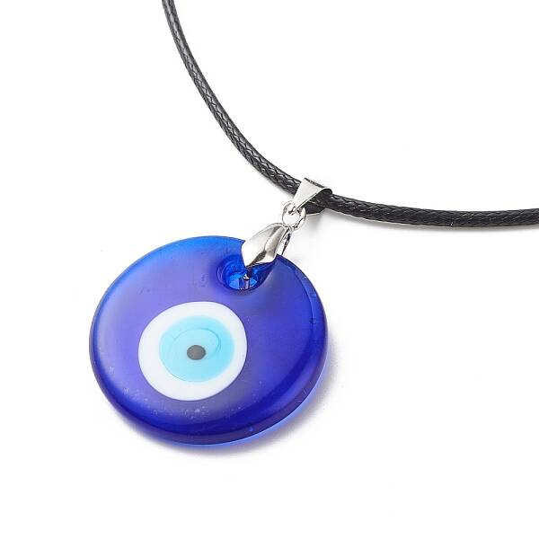 Blue Lampwork Evil Eye Pendant Necklace with Waxed Cord for Women