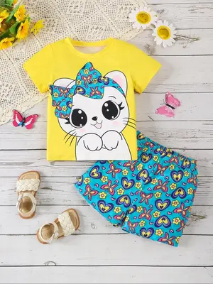 Girl's Cute Cartoon Print Short Sleeve Tee & Shorts Two-piece Set, Casual Round Neck T-shirt & Shorts, Summer Outfits Clothe...