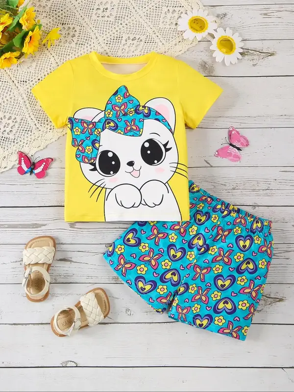 Girl's Cute Cartoon  Print Short Sleeve Tee & Shorts Two-piece Set, Casual Round Neck T-shirt & Shorts, Summer Outfits Clothe...