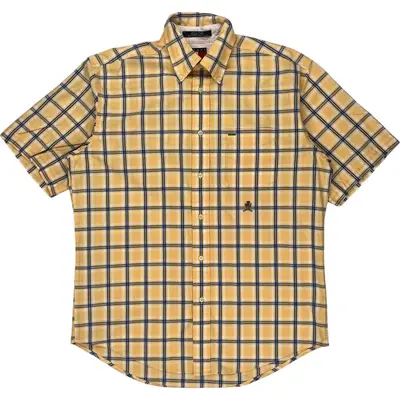 Tommy Hilfiger Plaid Short Sleeve Shirt - Small - Yellow Cotton