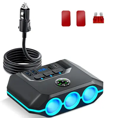 120W 7 In 1 Car Charger, PD 3 Socket Charger, Car Plug Splitter Adapter 4 USB Ports With Separate Switch LED Voltage Display,...