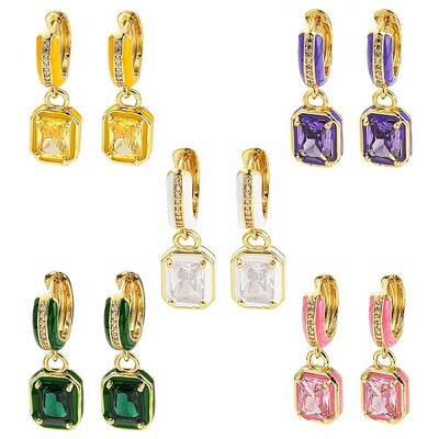 Rack Plating Real 18K Gold Plated Brass Enamel Rectangle Dangle Hoop Earrings