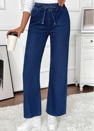 Modlily Denim Blue Pocket Wide Leg Elastic Waist Jeans - S