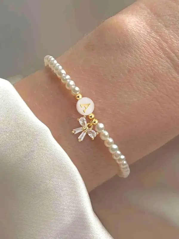 Faux Pearl & Artificial Crystal Decorated Bracelet, Letter & Bow  Design Beaded Bracelet for Women & Girls, Elegant All-match...