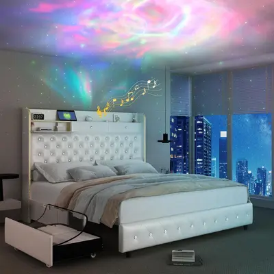 SIBEDS Queen Led Bed Frame with Galaxy Aurora Star Projector 52\
