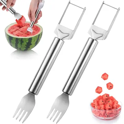 2 in 1 Watermelon Fork & Slicer, 1/2 Counts Stainless Steel Fruit Cutter, Dual Head Fruit Forks Slicer Knife with Round Handl...