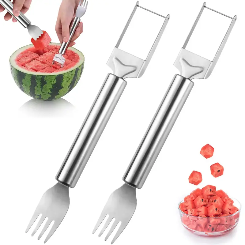 2 in 1 Watermelon Fork & Slicer, 1/2 Counts Stainless Steel Fruit Cutter, Dual Head Fruit Forks Slicer Knife with Round Handl...