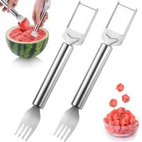 2 in 1 Watermelon Fork & Slicer, 1/2 Counts Stainless Steel Fruit Cutter, Dual Head Fruit Forks Slicer Knife with Round Handl...