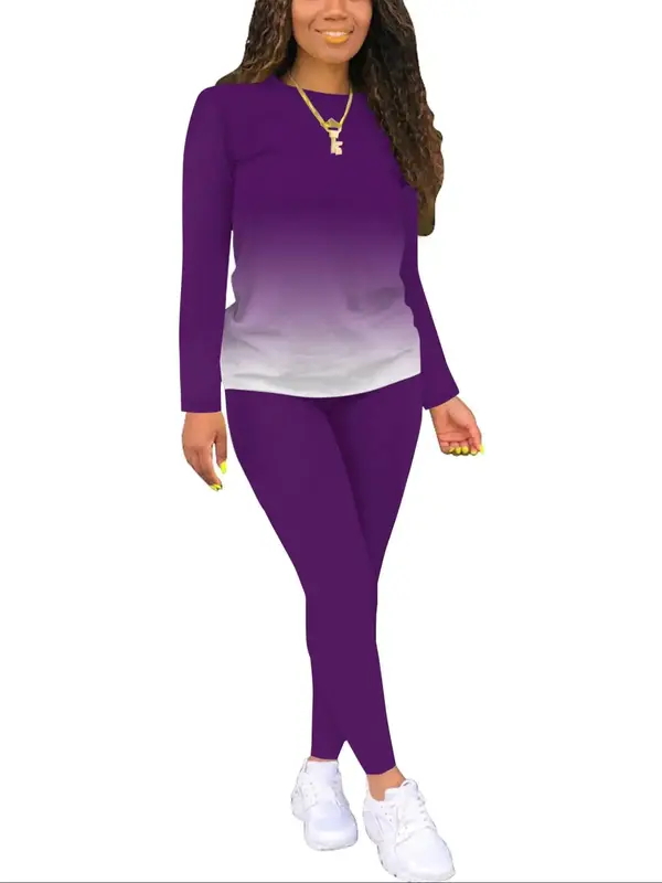 Two-piece Set Women's Plain Long Sleeve Tee & Elastic Waist Pants, Casual Round Neck Top & Skinny Trousers Set for Fall & Win...