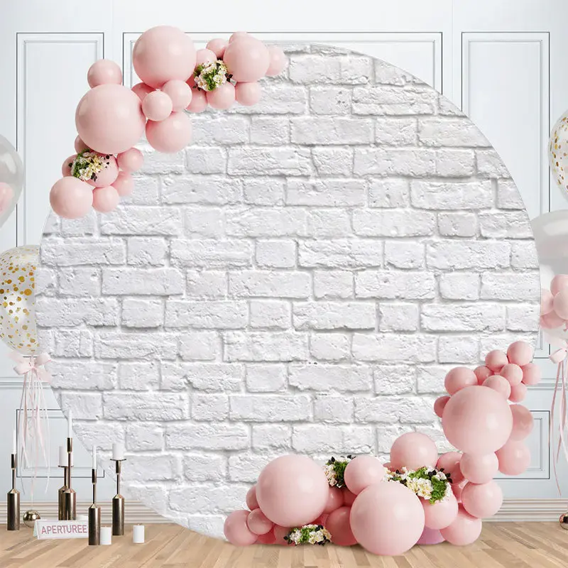 Aperturee Simple White Bricks Round Birthday Backdrops