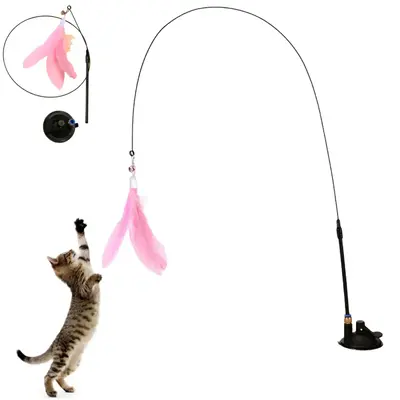 Suction Cup Cat Wand Toys with Powerful 2.7-inch Base & Interactive Feather for Indoor Cats to Chase and Exercise Cat Accesso...