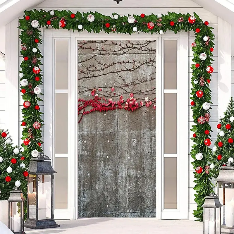 Red Leaves Stone Wall Plant Christmas Door Cover - Aperturee