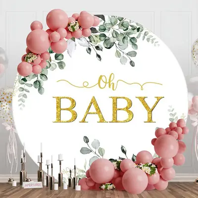 Green Leaves Boho White Round Baby Shower Backdrop - Aperturee