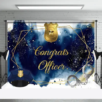 Blue Golden Police Hat Handcuffs Graduation Backdrop - Aperturee