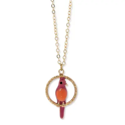 Gold Tone Orange & Pink Enamel Parrot Hoop Necklace 16\