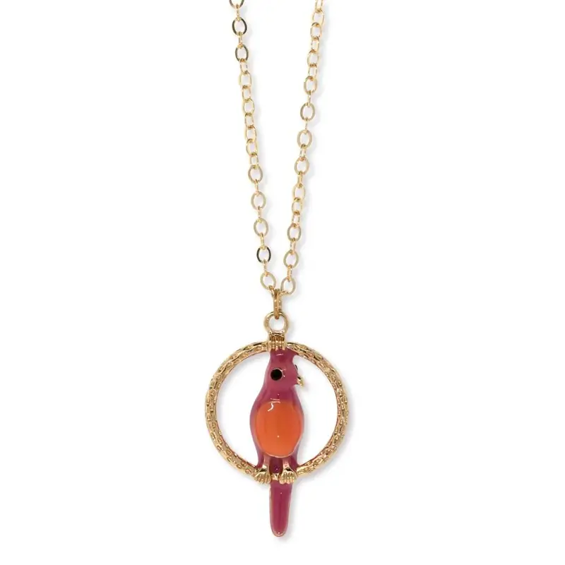 Gold Tone Orange & Pink Enamel Parrot Hoop Necklace 16\