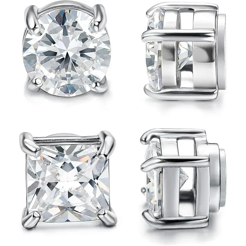 Jstyle 2 Pairs Stainless Steel Stylish Non-Piercing Magnetic Stud Earrings Hypoallergenic CZ Men and Women 5-8MM Sizes