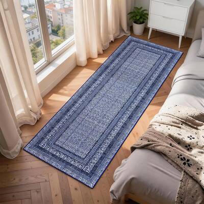 Garvee Modern Bordered Kitchen Rug 2x6, Non-Slip, Washable, Low Pile, Stain Resistant, Lightweight, Blue, Entryway & Bedroom
