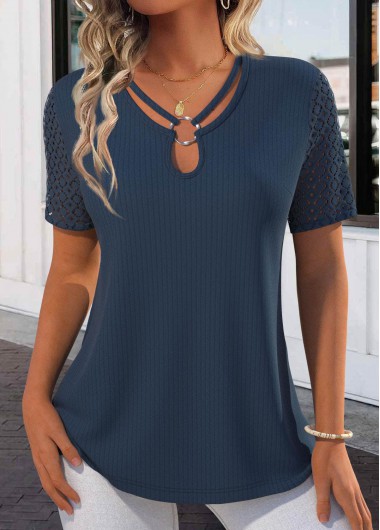Modlily Navy Lace Short Sleeve Tie Collar T Shirt - XL