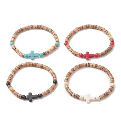 Coconut & Cross Dyed Synthetic Turquoise Beaded Stretch Bracelet for Men Women