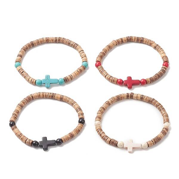 Coconut & Cross Dyed Synthetic Turquoise Beaded Stretch Bracelet for Men Women
