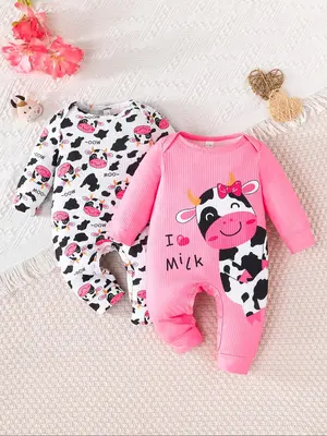Newborn Baby Girl Long Sleeve Cow Print Bodysuit Set, Cute Two-Piece Clothes for Newborns, Comfortable and Stylish Infant Clo...