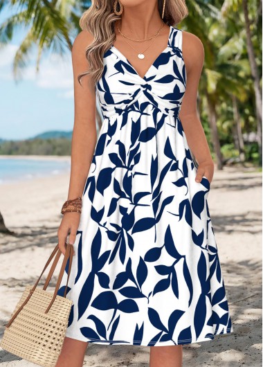 Modlily White Leaf Print Tummy Coverage Sleeveless V Neck Dress - L