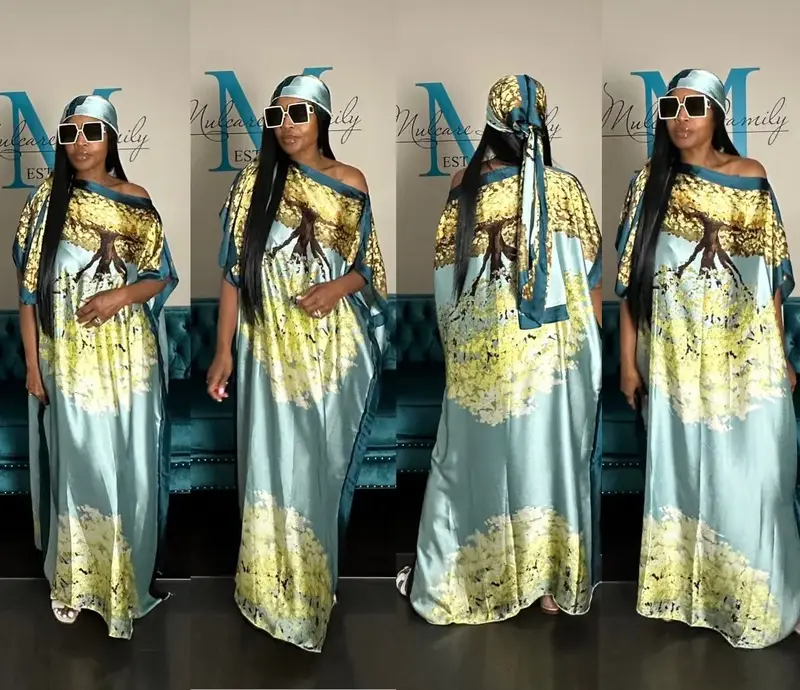 Santorini Collection Satin Kaftan Maxi with Matching Scarf – Mint Green Teal Yellow Blend | Summer Dresses Women’s Clothi...