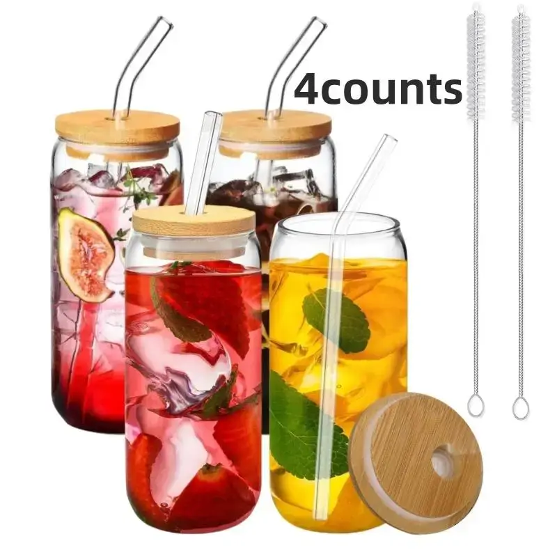 Glass Cup with Lid & Straw & Brush Set, 1/2/4pcs 16oz Party Clear Glass Cup Set, Can Shaped Drinking Glasses Summer Cool Bott...