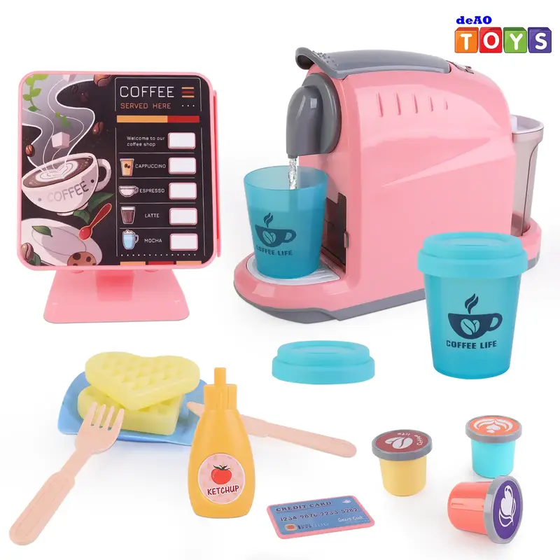 deAO Pretend Play Coffee Machine Toy, Play Store with Register Toy and Toys Coffee Shop Coffee Set with Waffles and Plates Pl...
