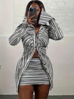 Women's Striped Print Ruched Split Sleeve Shirt & High Waist Skirt Set, Button Front Collared Top & Bodycon Skirt Set for Fal...