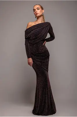 Goddiva Off The Shoulder Gathered Panel Sparkle Lurex Maxi Dress - Black Rose