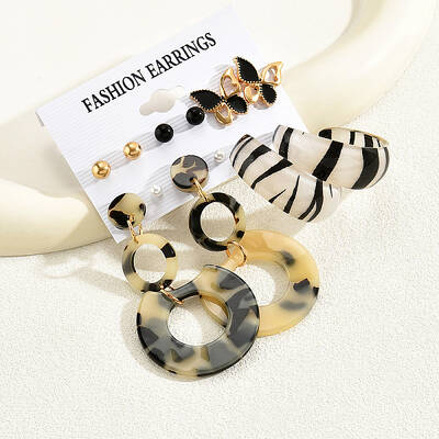 3 Pairs Elegant Vintage Acrylic Striped Earrings Set in 18K Gold Plating