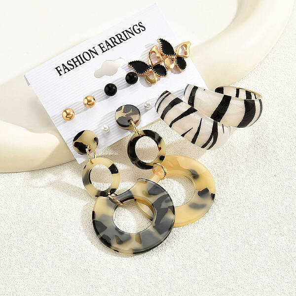 3 Pairs Elegant Vintage Acrylic Striped Earrings Set in 18K Gold Plating