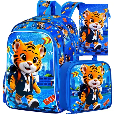 3PCS Kids Backpack for Boys, 16 Inch Tiger Water Resistant Preschool Bookbags, Cool Elementary Kindergarten School Backpacks ...