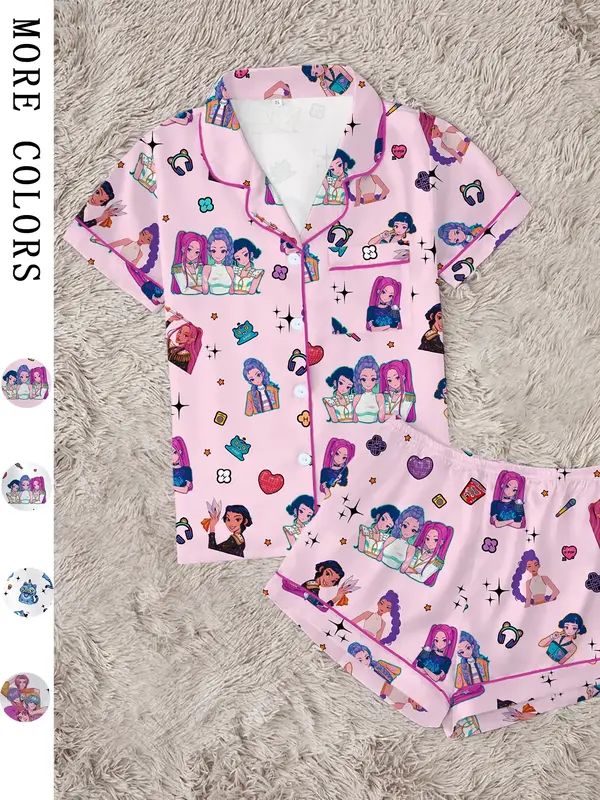 Women's K-Pop Demon Hunter Tiger Pajama Set, Two-Piece Short Sleeve Button-Up Top & Shorts, Comfortable Home Wear, Netflix Fa...