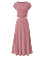 BTFBM Women Two-Piece Skirt Set Summer 2025 Casual Vacation Crew Neck Short Sleeve Cropped Top Elastic Waist Midi Skirts