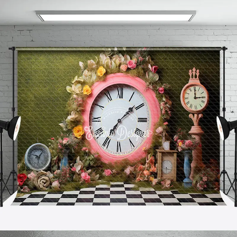 Pink Clock Floral Green Wall Spring Photo Backdrop - Aperturee