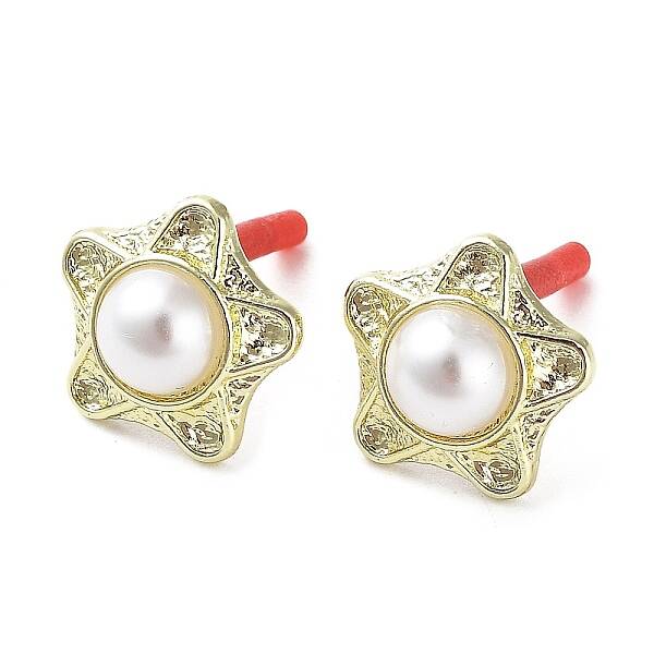 Rack Plating Alloy Star Stud Earrings with ABS Pearl Beaded and 304 Stainless Steel Pin