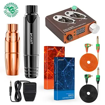 Complete Rotary Tattoo Machine Kit, Mast Tour and Mast P10 Pen Style Machines, Power Supply Evo Cartridges Foot Pedal for Tat...