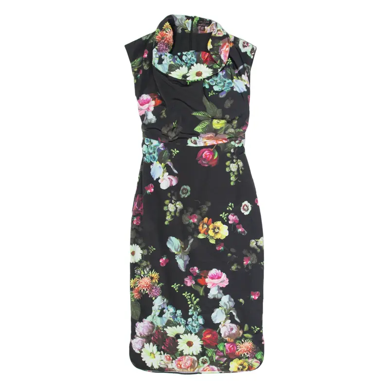TED BAKER Womens Bodycon Dress Black Floral Sleeveless Long S